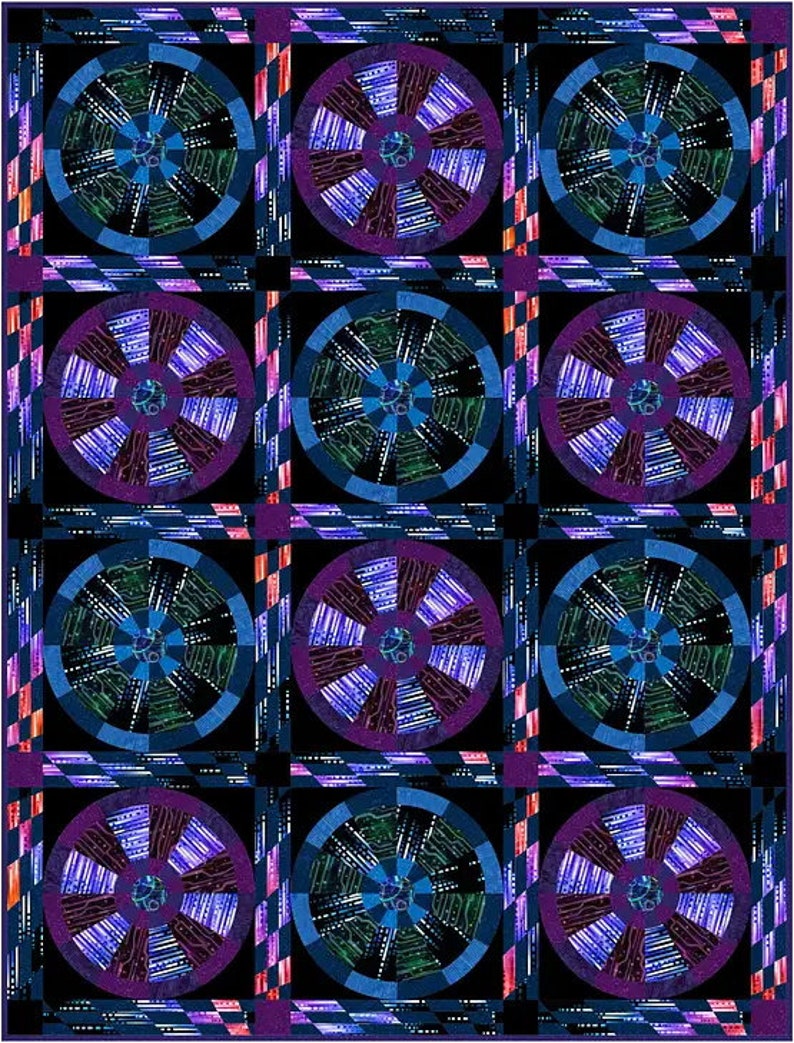 K&ouml;nnte beinhalten: Ein sich wiederholendes Muster aus bunten Kreisen auf schwarzem Hintergrund. Jeder Kreis hat ein Design aus konzentrischen Ringen mit einem zentralen Kreis. Die Farben in den Kreisen sind Blaut&ouml;ne, Violettt&ouml;ne und Gr&uuml;nt&ouml;ne.