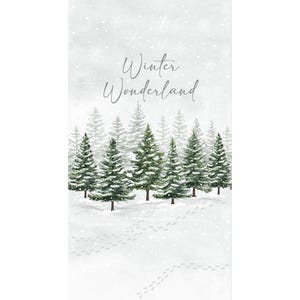 May include: A winter-themed illustration featuring a snowy landscape with evergreen trees and the text "Winter Wonderland" in a cursive font. Snowflakes and footprints add to the winter scene. The trees are green and white.