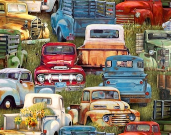 EOB~Elizabeth Studios~Vintage Trucks~Packed Trucks~Green~Cotton Fabric by Select Length 21002E-GRN