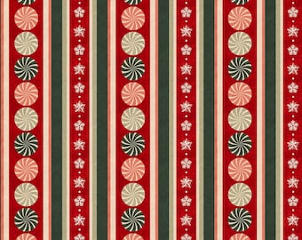 Tessuto di cotone multicolore a righe Peppermint Stripe di EOB Studio E Vintage Whisper di Santa tagliato su misura o lunghezza selezionata 7030-86