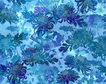 May include: A seamless pattern featuring blue and teal chrysanthemums and fans. The floral design has a watercolor effect with white outlines. The background is a light blue with a cloudy texture, creating a serene and elegant aesthetic.
