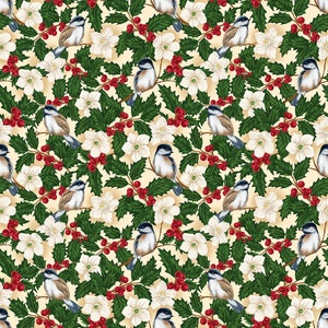 Blank Quilting~All Spruced Up~Chickadees with Flowers~Ivory~Cotton Fabric by the Yard or Select Length 2769-41