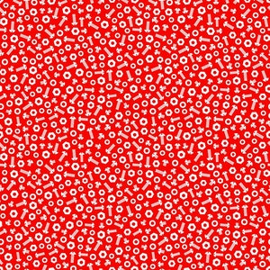 May include: A red background with a repeating pattern of white screws and nuts.