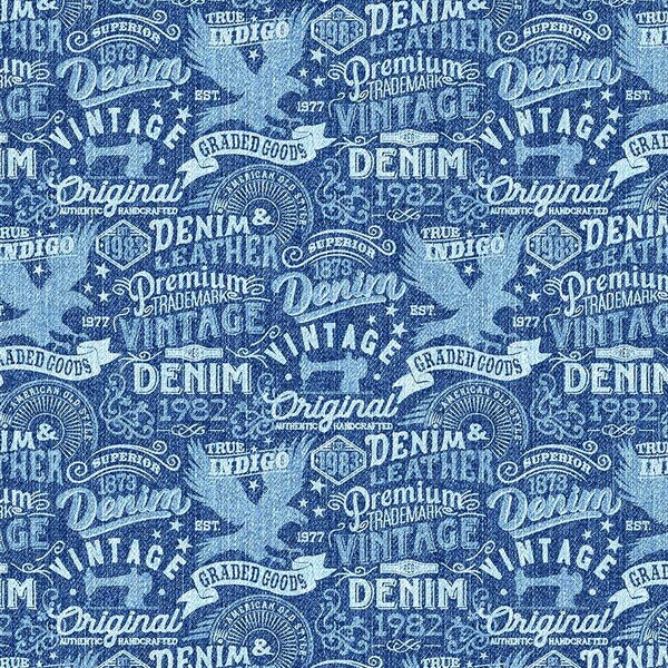 EOB~Northcott~Singin the Blues~Denim Logos~Bleu/Multi~Cotton Fabric par cour ou sélectionnez la longueur 24326-44