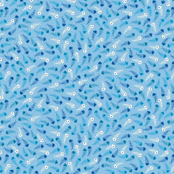 Studio E~Meow~Fish Bones~Light Blue~Cotton Fabric by the Yard or Select Length 6976-71