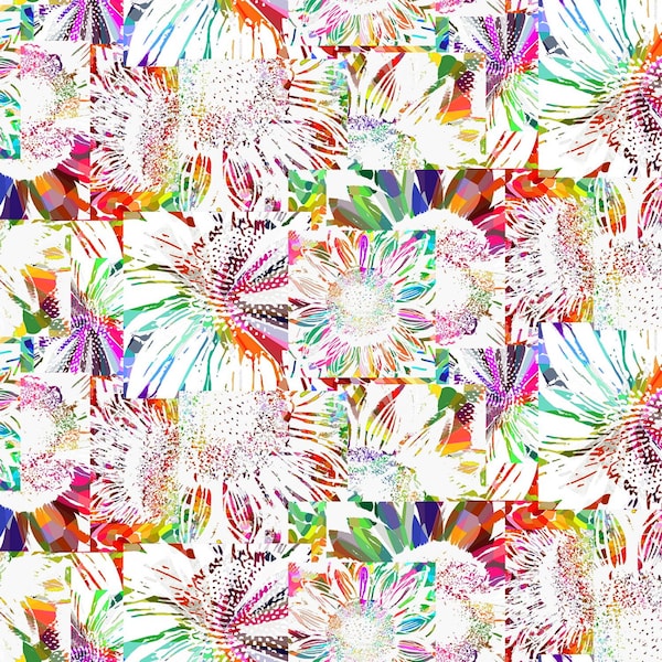 EOB~Clothworks~Vibrant Life~Refracted Sunflowers~Digital Print~White~Cotton Fabric by the Yard or Select Length Y3542-1