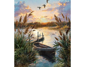 Lakeside Echo by Hoffman, Quilting Cotton Fabric, 30.5" x 43.25"  Scenic Lake Panel X5664-311