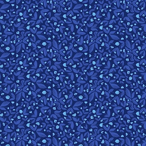 May include: A seamless pattern featuring a dense arrangement of stylized leaves and small, round shapes in varying shades of blue. The design creates a visually rich and textured surface, suitable for fabric or wallpaper.