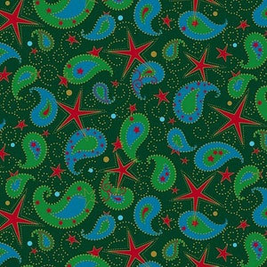 Quilting Treasures~Paisley Christmas~Paisley and Stars~Digital~Green~Cotton Fabric by the Yard or Select Length 29680-F