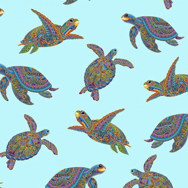 Benartex~Hooked on Fish~Sea Turtle w/ Metallic Gold~Light Turquoise~Cotton Fabric by the Yard or Select Length 13004MB-80