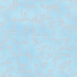 Robert Kaufman-Holiday Flourish Snow Flower-Swirls w/ Metallic Silver-Sky-Cotton Fabric by the Yard or Select Length SRKM2160063