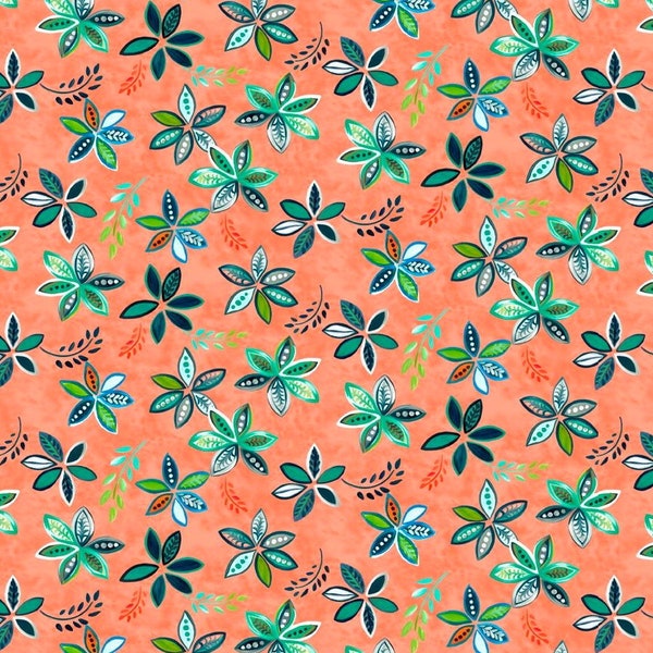 EOB~Quilting Treasures~Enchanted Garden~Peaceful Flowers~Digital Print~Coral~Cotton Fabric by the Yard or Select Length 28500-C