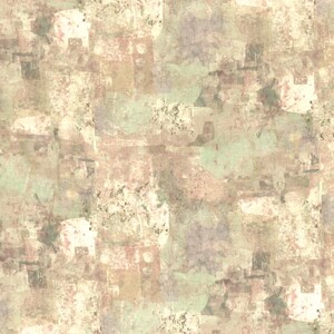 May include: Abstract pattern in beige, brown, green, and purple. The design features overlapping shapes and textures, creating a layered effect. The overall aesthetic is reminiscent of a vintage or distressed style, suitable for various applications.