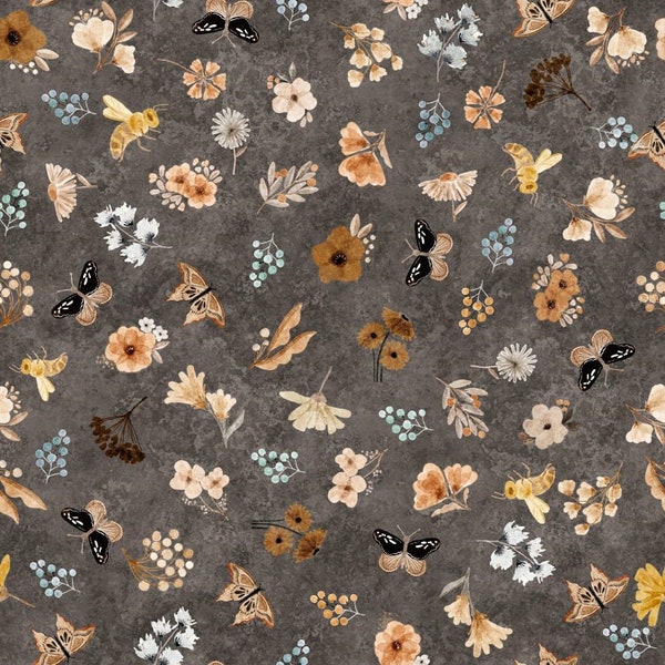 EOB~Quilting Treasures~Bear Hugs~Flowers and Insects Toss~Digital~Dark Gray~Cotton Fabric by the Yard or Select Length 30065-K