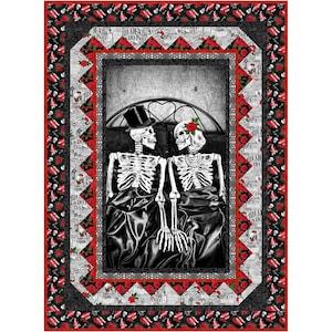 May include: A Day of the Dead themed quilt featuring a skeleton couple in bed, framed by a red and black border with roses and skull motifs. The central image is in grayscale, with the skeletons wearing a top hat and a rose in their hair.