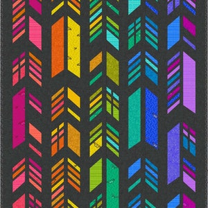 May include: A colorful quilt with a geometric pattern of arrows and stripes. The quilt is made of various fabrics in shades of pink, orange, yellow, green, blue, and purple. The background is a dark gray.