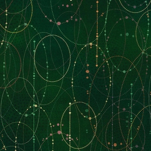 Könnte beinhalten: Abstraktes Muster mit überlappenden Kreisen in verschiedenen Größen und Farben auf einem dunkelgrünen Hintergrund. Die Kreise bestehen aus kleinen Punkten in Grüntönen, Gelb, Rosa und Orange.