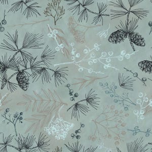 Puede incluir: Un patrón sin costuras con ilustraciones botánicas detalladas de ramas de pino, piñas y bayas en una paleta de colores apagados de gris, blanco y marrón sobre un fondo azul verdoso claro. El diseño tiene una estética vintage dibujada a mano.