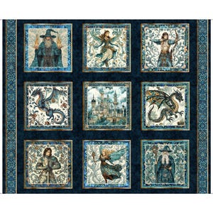May include: A fabric panel featuring a grid of nine square illustrations in shades of blue, gold, and cream. The images depict fantasy figures including wizards, dragons, a castle, an archer, a knight, and winged beings, all set against a dark blue background.