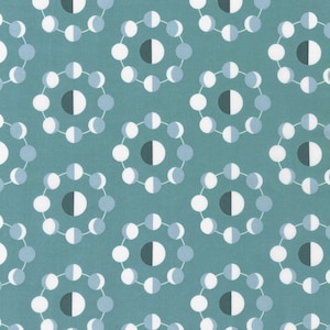 May include: A teal blue background with a repeating pattern of white and gray circles. Each circle is made up of 12 smaller circles, half white and half gray, arranged in a circular pattern.
