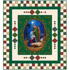 Puede incluir: Un edredón con temática navideña con una imagen ovalada central de la escena de la Natividad, rodeada por un borde verde con elementos decorativos. Los bordes del edredón tienen un patrón a cuadros en rojo, verde y crema.