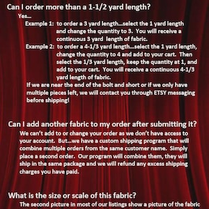 K&ouml;nnte beinhalten: Ein roter Hintergrund mit wei&szlig;em Text, der &bdquo;H&auml;ufig gestellte Fragen&ldquo; lautet. Der Text beantwortet Fragen zur Stoffbestellung, einschlie&szlig;lich der Bestellung von mehr als 1,5 Yards und dem Hinzuf&uuml;gen von Stoff zu einer Bestellung.