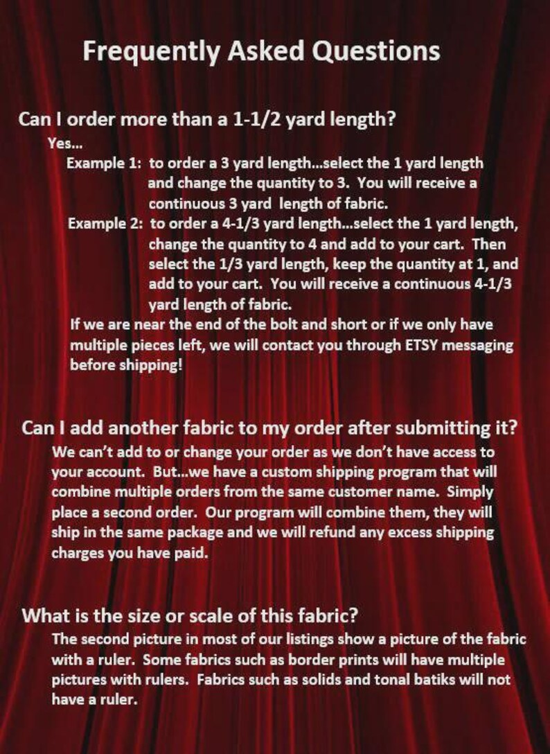 K&ouml;nnte beinhalten: Ein roter Hintergrund mit wei&szlig;em Text, der &bdquo;H&auml;ufig gestellte Fragen&ldquo; lautet. Der Text beantwortet Fragen zur Stoffbestellung, einschlie&szlig;lich der Bestellung von mehr als 1,5 Yards und dem Hinzuf&uuml;gen von Stoff zu einer Bestellung.