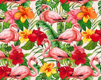 Windham Fabrics~Tropical Paradise~Flamingos~Ivory~Cotton Fabric by the Yard or Select Length 53928-3