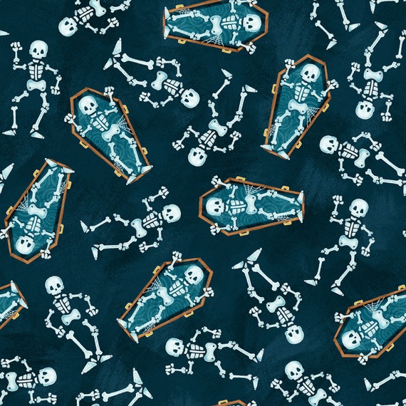 Henry Glass Welcome Foolish Mortals Dancing Skeletons GLOW in the Dark Dark Teal Cotton Fabric by the Yard or Select Length 1446G-77