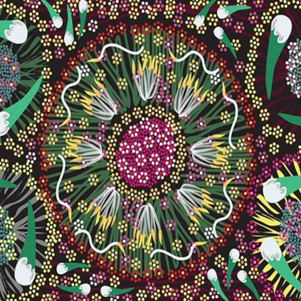 M & S Textiles~Aboriginal~Plum and Bush Banana Black by Laurel Tanlels~Fabric by the Yard or Select Length- PBBB