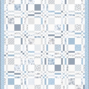 May include: A blue and white patchwork quilt with a geometric pattern. The quilt is made up of squares of different fabrics, some with a floral print, some with stripes, and some with a solid color.