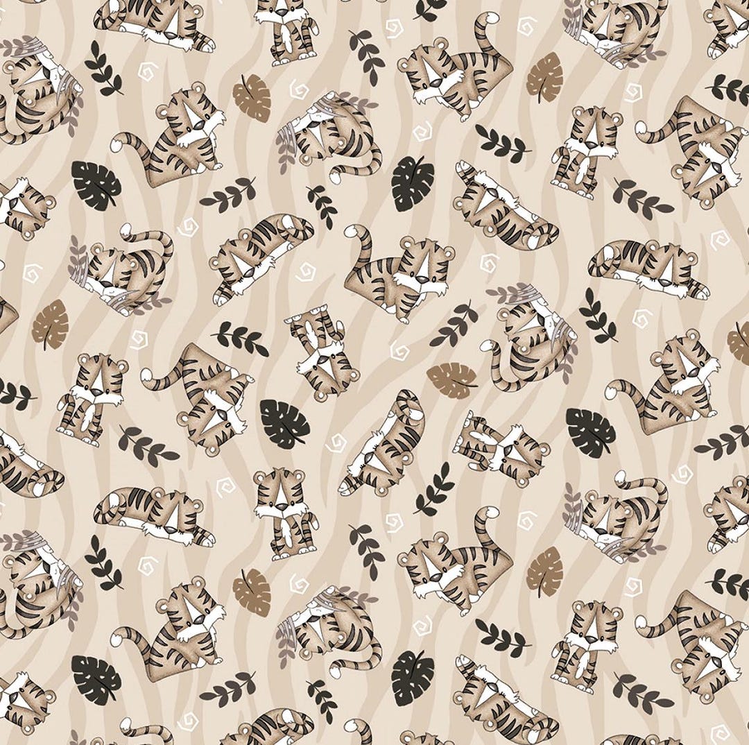 Henry Glass Big Kitties Tiger Toss Taupe Cotton Fabric by the Yard