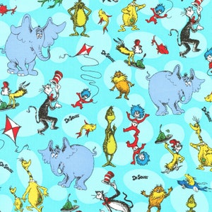 Robert Kaufman~Celebrate Seuss~Dr Seuss Characters~Aqua~Cotton Fabric by the Yard or Select Length ADE1906170