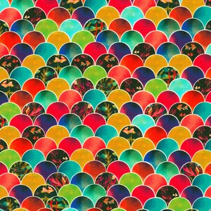 Puede incluir: Un patrón colorido de formas semicirculares superpuestas en tonos de rojo, naranja, amarillo, verde, azul y morado. Las formas están dispuestas en un patrón repetitivo, creando un diseño visualmente atractivo y dinámico.