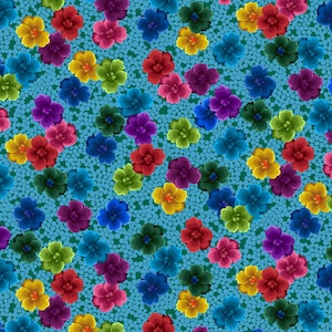 Puede incluir: Un patrón sin costuras con flores de colores sobre un fondo azul turquesa. Las flores son de varios tonos de rojo, rosa, morado, azul, verde y amarillo. El fondo está salpicado de pequeños círculos blancos.