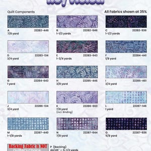 May include: A quilting kit for a "Hey Violet!" quilt. The kit includes 13 different fabric pieces in various shades of purple, blue, and white. The fabric pieces are arranged in a grid with the fabric name, yardage, and fabric code listed below each piece. The kit also includes backing fabric, which is not included in the kit.