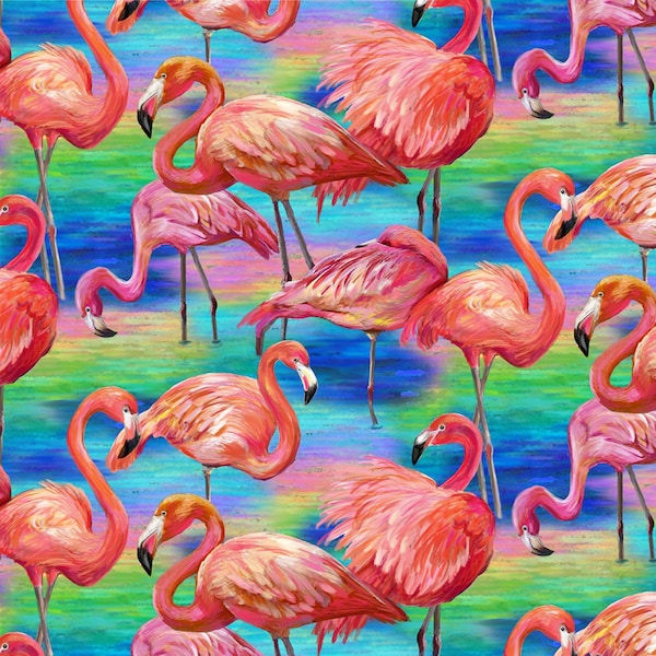 EOB~Paintbrush Studio~Fabulous Flamingos~Large Allover~Blue~Cotton Fabric by the Yard or Select Length 120-208911