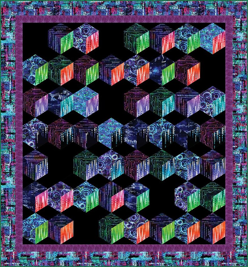 K&ouml;nnte beinhalten: Ein digitales Muster mit schwarzem Hintergrund und einem sich wiederholenden Muster aus bunten W&uuml;rfeln. Die W&uuml;rfel bestehen aus verschiedenen Farben, darunter Blau, Gr&uuml;n, Rot und Lila. Das Muster erinnert an eine Leiterplatte.