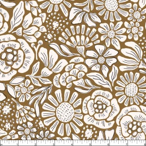 May include: A repeating pattern of stylized white flowers and leaves with black outlines on a brown background. The floral design includes various sizes and shapes of blossoms, creating a dense, all-over print. The pattern is suitable for fabric or wallpaper.