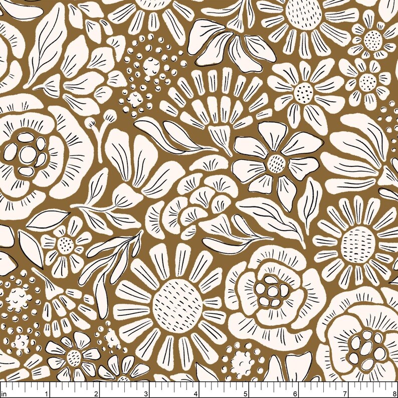 May include: A repeating pattern of stylized white flowers and leaves with black outlines on a brown background. The floral design includes various sizes and shapes of blossoms, creating a dense, all-over print. The pattern is suitable for fabric or wallpaper.