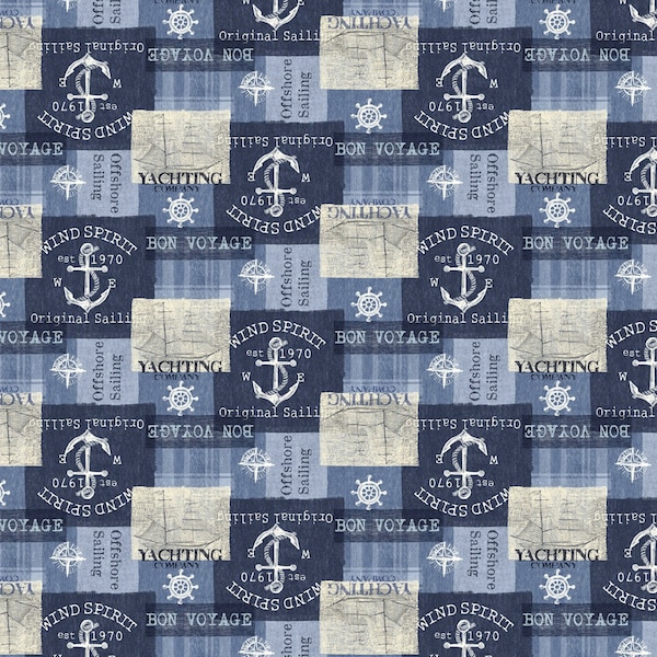 Michael Miller~Bon Voyage~Sailing Patchwork~Blue~Cotton Fabric by the yard or Select Length CX10843-BLUE