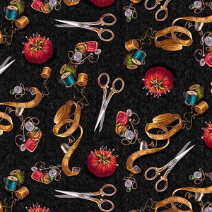 May include: A repeating pattern on a black background featuring sewing notions. Gold-handled scissors, red tomato pin cushions, spools of thread, buttons, and measuring tapes are scattered across the surface.