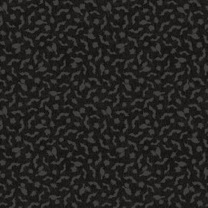 May include: A black fabric featuring a repeating pattern of dark gray silhouettes. The design consists of small flying bats, oak leaves, and acorns scattered across the textured surface in a dense, uniform arrangement.