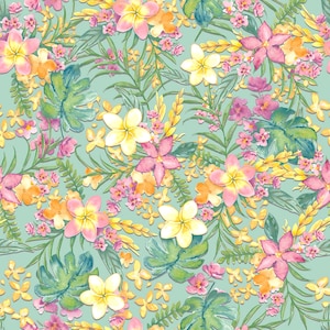 May include: A seamless pattern featuring watercolor illustrations of tropical flowers in shades of pink, yellow, and orange. The flowers are arranged in a repeating pattern on a light blue background.