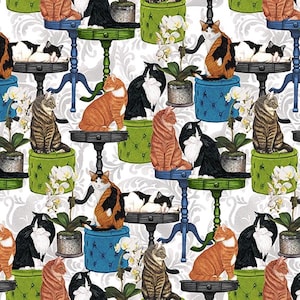 May include: A repeating pattern featuring various cats in orange, black, white, and tabby colors. The cats are positioned on blue and green tufted stools and small pedestal tables, interspersed with white orchid plants against a gray damask background.