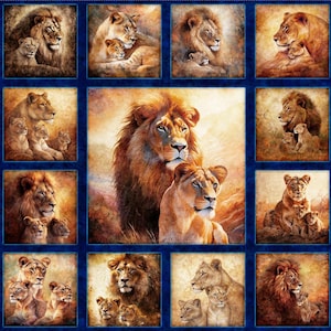 May include: A fabric panel featuring multiple square images of lions and lionesses with their cubs. The images are in shades of brown, tan, and gold, with a dark blue border. The lions are depicted in various poses.