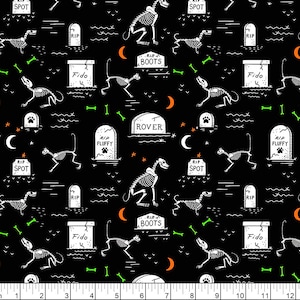 Free Spirit~Scaredy Cat by Rachel Hauer~Pet Cemetery~Black~Cotton Fabric by the Yard or Select Length PWRH040-BLACK