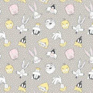 EOB~Camelot~Looney Tunes Little Dreamer~Characters on Spots~Lt Grey~Cotton Fabric by the Yard 23600125-1