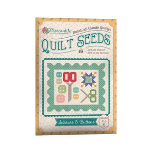 May include: A quilt pattern booklet featuring a colourful patchwork design with scissors and buttons. The title is "Quilt Seeds" by Lori Holt of Bee in my Bonnet. The text "Scissors & Buttons" and "Collect All 6" is also included.
