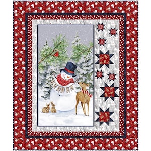 Puede incluir: Un edredón con temática navideña que presenta un muñeco de nieve, un ciervo y conejos en una escena de bosque nevado. El muñeco de nieve lleva un sombrero de copa y una bufanda, sosteniendo una pancarta que dice "JOYFUL". Borde rojo con patrones de muñecos de nieve blancos y estrellas.